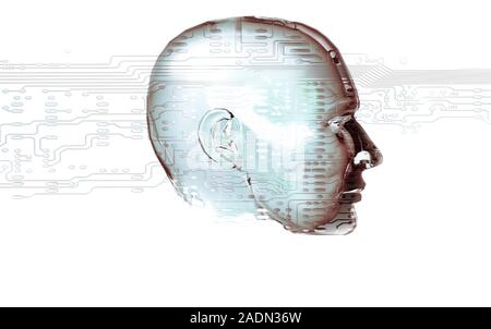 Artificial intelligence (AI). Conceptual computer artwork of a human head and electronic circuitry. Stock Photo