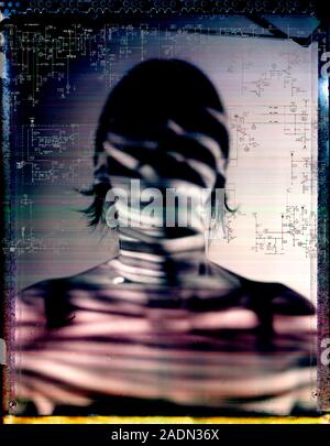 Artificial intelligence. Conceptual computer artwork of a human figure in front of electronic circuitry. This may represent artificial intelligence (A Stock Photo