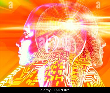 Artificial intelligence (AI). Conceptual computer artwork of printed circuit board tracks (white and yellow lines) and a burst of light from the brain Stock Photo