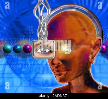 Artificial intelligence. Conceptual computer artwork of a human head with a cybernetic implant for an eye, with a background of computing images. The Stock Photo