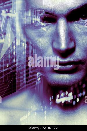 Artificial intelligence. Conceptual artwork of a man's face representing artificial intelligence (AI). AI is the ability of computers to learn indepen Stock Photo