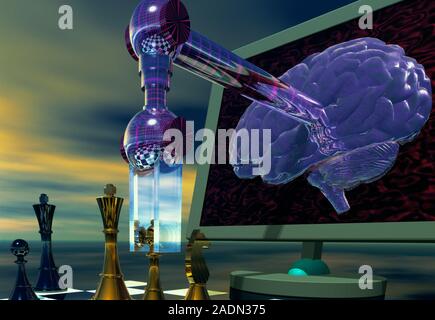 Chess computer. Conceptual computer artwork representing a chess-playing artificial intelligence. Computers such as IBM's Deep Blue can now beat human Stock Photo