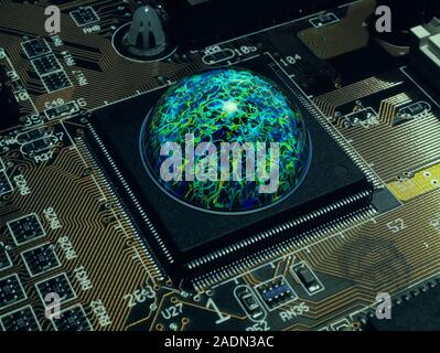 Brain on a chip. Conceptual computer artwork of a brain-like structure on a microchip. This could represent the use of neural networks in computing. Stock Photo