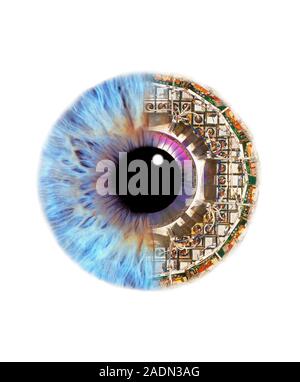 Artificial intelligence. Conceptual computer artwork of a human eye with electronic circuitry making up half of the iris. This may represent artificia Stock Photo