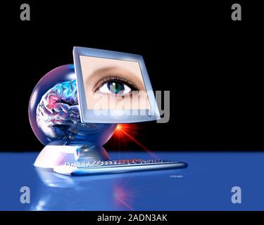 Artificial intelligence. Conceptual computer artwork of a brain inside a computer, representing intelligent computers. The monitor screen shows a huma Stock Photo