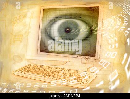 Artificial intelligence. Conceptual artwork of an eye on a computer screen and the ones and zeros of binary code. Binary code is the language in which Stock Photo