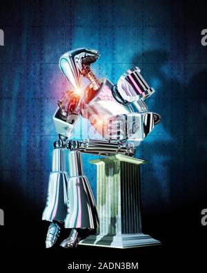 Robot intelligence, conceptual image. Computer artwork of a human-like robot (android) assuming the pose of Rodin's Thinker. Artificial intelligence i Stock Photo