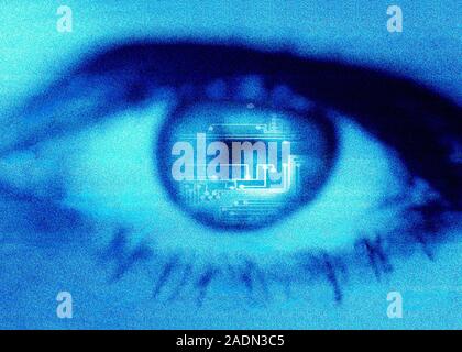 Artificial intelligence, conceptual artwork. Electronic circuitry is seen behind the eye. Stock Photo