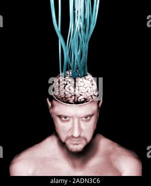 Wired brain. Computer artwork of a human brain connected to wires. This could represent a range of concepts, from computer-enhanced intelligence, to c Stock Photo