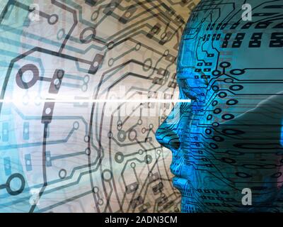 Artificial intelligence, conceptual computer artwork. Human head with beams of light emerging from eyes, superimposed on an electric circuit board. Th Stock Photo