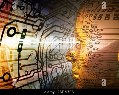 Artificial intelligence, conceptual computer artwork. Human head with beams of light emerging from eyes, superimposed on an electric circuit board. Th Stock Photo