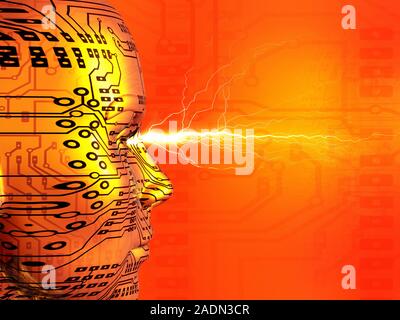Artificial intelligence, conceptual computer artwork. Electic circuit board superimposed on a human head with rays of light beaming from eyes. This co Stock Photo