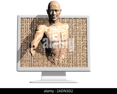 Artificial intelligence. Conceptual computer artwork showing a human figure emerging from a computer screen. Research into artificial intelligence is Stock Photo