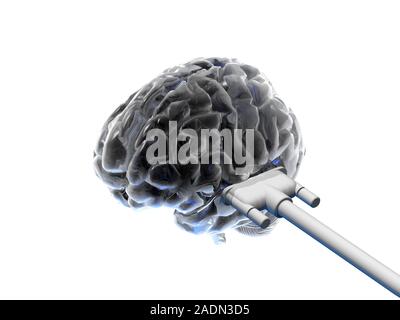 Artificial intelligence. Conceptual computer artwork of a brain with a computer cable attached to it. Stock Photo