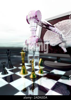 Chess computer. Conceptual computer artwork of a brain on computer screen using a robot arm to play chess. This represents the development of computer Stock Photo