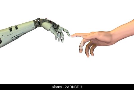 Artificial intelligence, conceptual computer artwork. Human hand (right) touching fingers with a robot's hand (left), mimicking Michelangelo's paintin Stock Photo