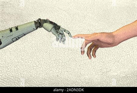 Artificial intelligence, conceptual computer artwork. Human hand (right) touching fingers with a robot's hand (left), mimicking Michelangelo's paintin Stock Photo