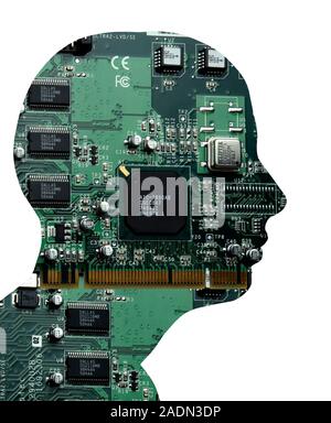 Artificial intelligence and cybernetics, conceptual image. This image of a printed circuit board and its components, superimposed on the shape of a hu Stock Photo