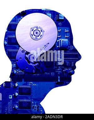 Artificial intelligence and cybernetics, conceptual image. This image of a computer hard disk (upper centre) and circuit board, superimposed on the sh Stock Photo