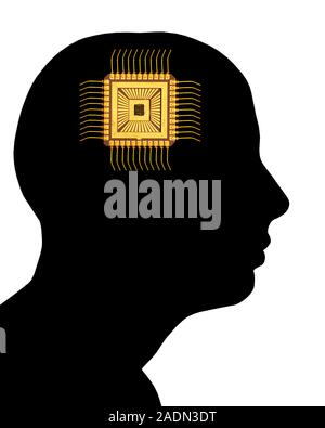 Artificial intelligence and cybernetics, conceptual image. This image of a computer's central processing unit (CPU, upper centre), superimposed on the Stock Photo