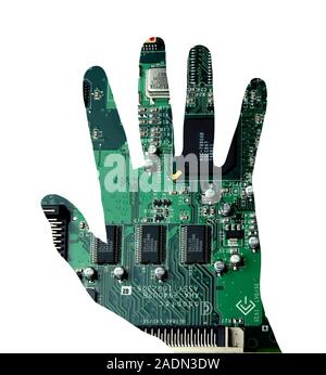 Cybernetics and robotics, conceptual image. This image of a printed circuit board and its components, superimposed on the shape of a human hand, could Stock Photo