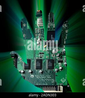 Cybernetics and robotics, conceptual image. This image of a printed circuit board and its components, superimposed on the shape of a human hand, with Stock Photo
