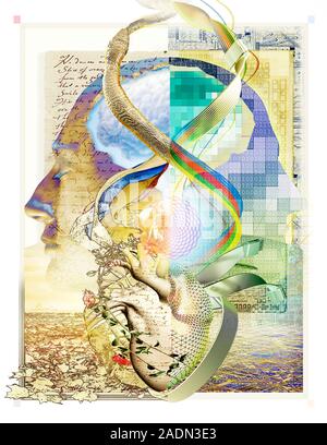 Artificial intelligence, conceptual computer artwork. Human head, showing the brain (upper centre), drawn in a classical style (left) and a futuristic Stock Photo