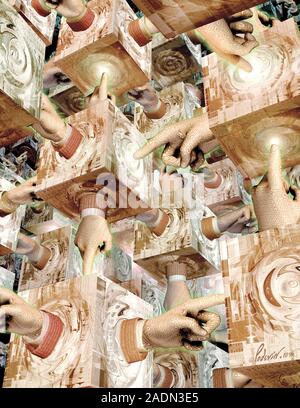 Artificial intelligence, conceptual computer artwork. Human hands emerging from cubes and pointing to each other. The hands are made of binary code an Stock Photo
