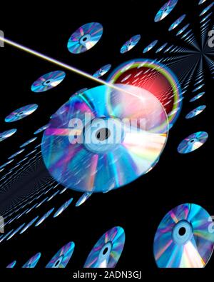 Blu-ray disc, computer artwork. Blu-ray discs work on a similar principle to CDs and DVDs. They store data by reflecting laser light onto a receiver. Stock Photo