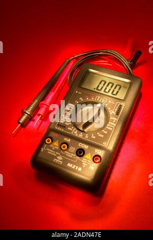 Digital multimeter. This device is a combined digital ammeter and voltmeter. From these it can also derive resistance. An ammeter measures the number Stock Photo