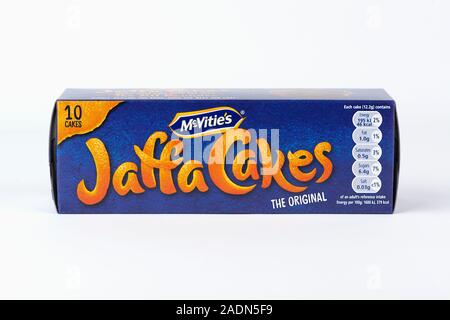 A box of McVities Jaffa Cakes shot on a white background. Stock Photo