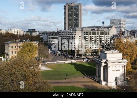 View from above of Hyde Park Corner including Apsley House and Wellington Arch, London, England, UK Stock Photo