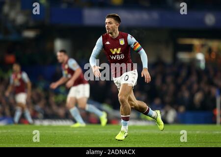 Stamford Bridge, London, UK. 4th Dec, 2019. English Premier League Football, Chelsea versus Aston Villa; Jack Grealish of Aston Villa - Strictly Editorial Use Only. No use with unauthorized audio, video, data, fixture lists, club/league logos or 'live' services. Online in-match use limited to 120 images, no video emulation. No use in betting, games or single club/league/player publications Credit: Action Plus Sports/Alamy Live News Stock Photo