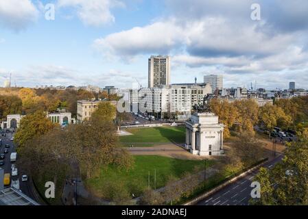View from above of Hyde Park Corner including Apsley House and Wellington Arch, London, England, UK Stock Photo