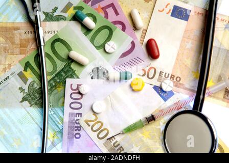 Medical costs. Conceptual image of pills and medical equipment on Euro notes. This could represent the high costs of modern medical healthcare and dru Stock Photo
