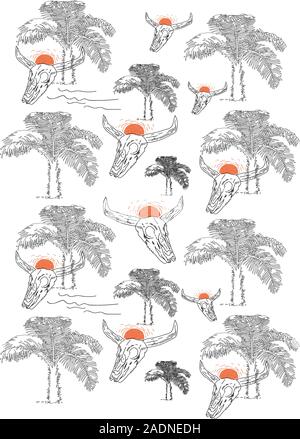 Skull and tree background. Retro road trip pattern, vintage design,holiday,travel. - Vector Stock Vector