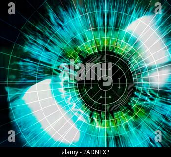 Biometric eye scan. Conceptual computer artwork of the scanning of a human eye. Iris scanning images the iris, the coloured part of the eye, which is Stock Photo