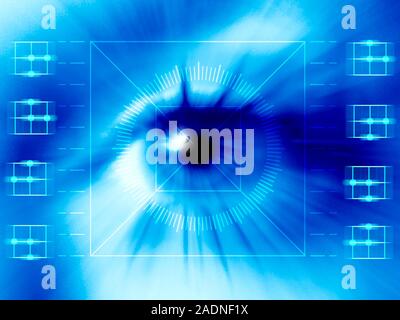 Biometric eye scan. Computer artwork of a human eye being scanned. Biometrics is the identification of individuals by their body parts. The iris, the Stock Photo