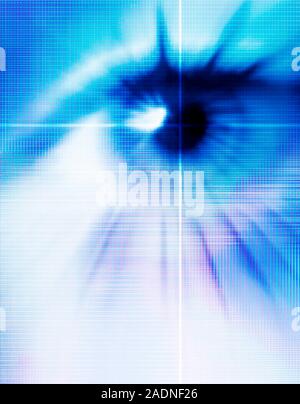 Biometric eye scan. Computer artwork of a human eye being scanned. Biometrics is the identification of individuals by their body parts. The iris, the Stock Photo