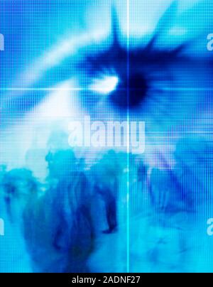 Biometric eye scan. Computer artwork of a human eye being scanned, with shadows of people at bottom. Biometrics is the identification of individuals b Stock Photo