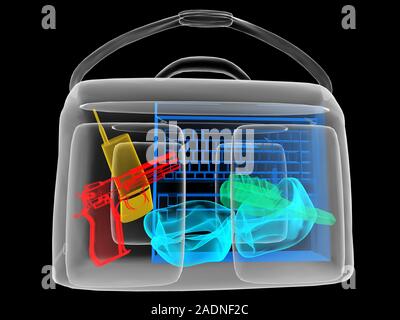 Handgun in briefcase. Simulated x-ray artwork of a gun (red) inside a laptop briefcase. Other items within the case are a mobile phone, laptop compute Stock Photo