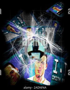 Identity fraud. Conceptual artwork of biometric identity cards and the silhouette of a man (centre). Using security in the form of data from a person' Stock Photo
