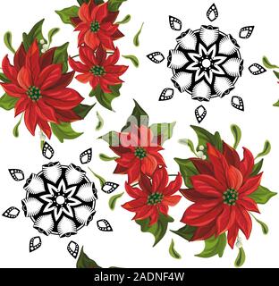 Red flowers pattern with geometr shapes. Cute floral seamless background. - vector Stock Vector
