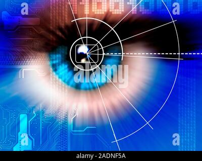 Biometric eye scan. Conceptual computer artwork of a human eye being scanned and measured, with a computer chip and binary code in the background. Bot Stock Photo