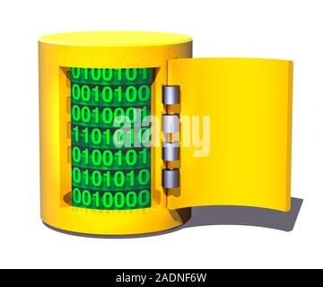 Data security, conceptual computer artwork. Rows of binary code stored in a safe. The binary code represents electronic data. Stock Photo