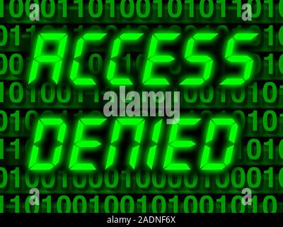 Electronic security, conceptual computer artwork. Access denied typed over binary code. Stock Photo