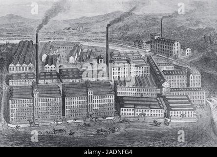Factories. Engraving of an aerial view of textile factories during the 19th century Industrial Revolution. The Industrial Revolution began in Britain Stock Photo