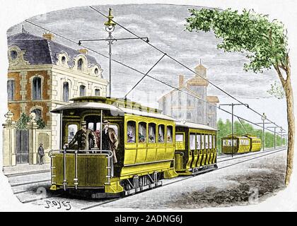Early electric tram. Historical artwork of an early electric tram used in the USA. This tram is using overhead wires as its source of electrical power Stock Photo