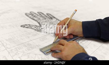 Cyber hand project creating. Abstract concept of advanced cybernetic technology, robotics, biometric and automation 3d illustration. Drawing digital s Stock Photo