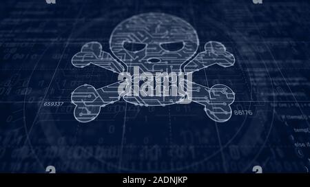 Cyber crime with skull symbol project creating. Abstract concept of darknet, internet safety, cyber attack, theft, virus and piracy 3d illustration. D Stock Photo